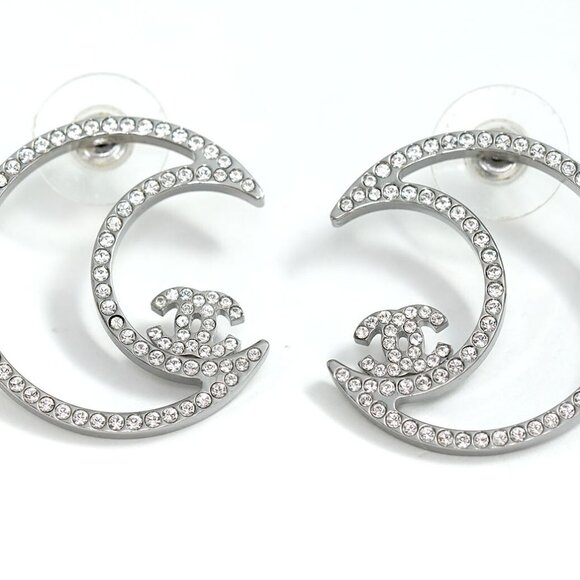 CHANEL CC Logos Rhinestone Crescent Moon Stud Earrings Silver Tone B17K Auth - Picture 2 of 6